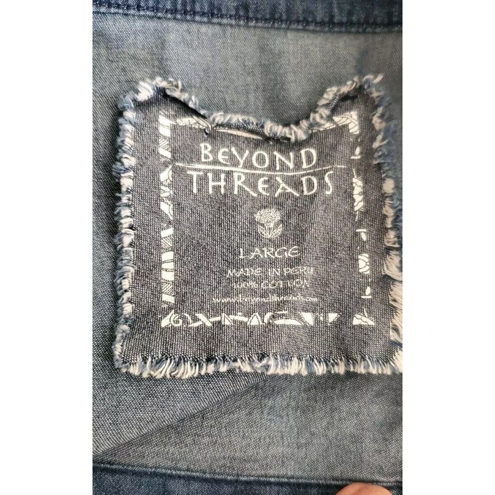 Beyond Threads Denim Shirt Dress Long Tab Sleeve Made In Peru Large Pearl Button - Picture 5 of 5